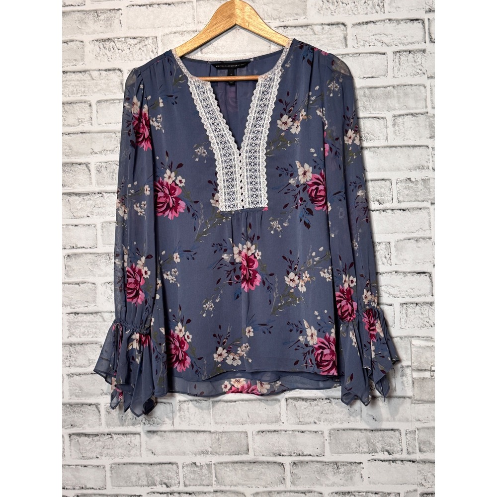 White House‎ Black Market Floral Lace Trim Blouse Women's Size 4 Long Sleeve